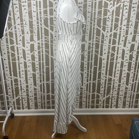 Boho hi-lo white and black striped ruffle trim back cutout maxi dress - Picture 9 of 15